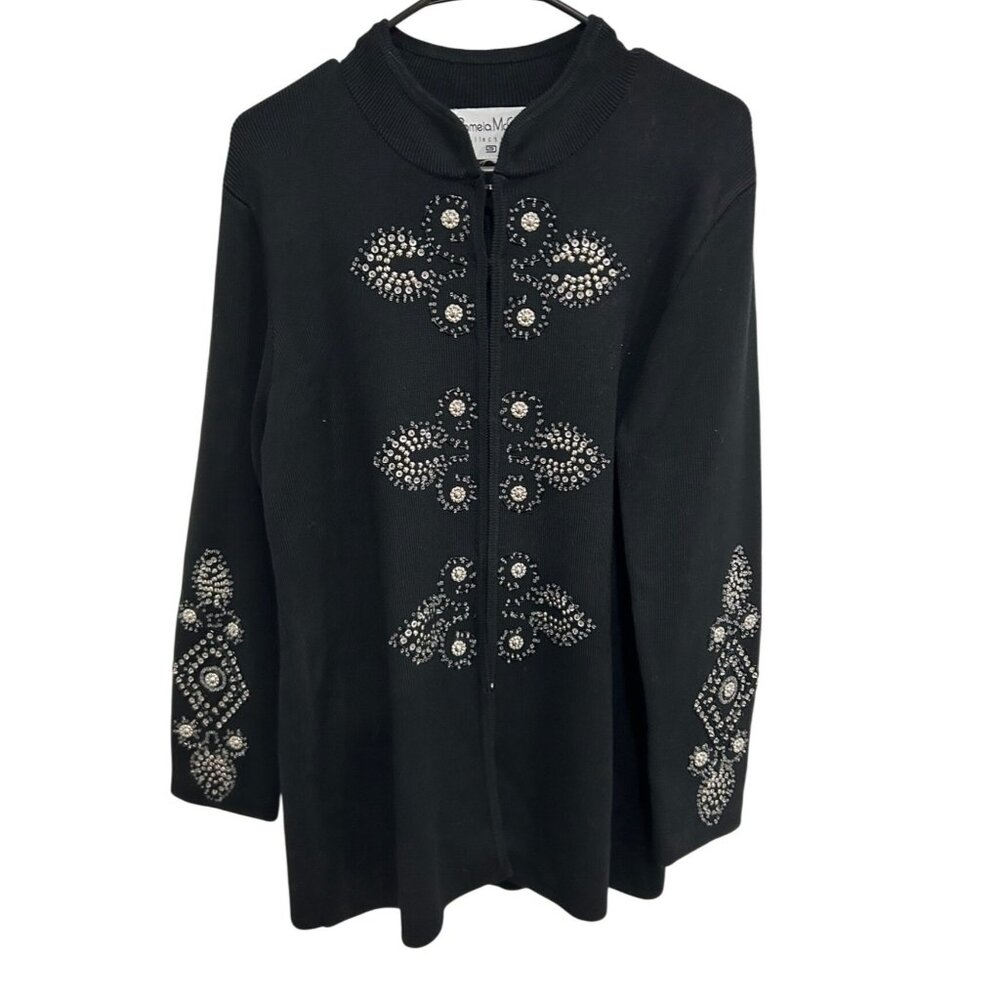 Pamela McCoy Black Embellished Long Sleeve Cardigan Sweater With Rhinestone Deta